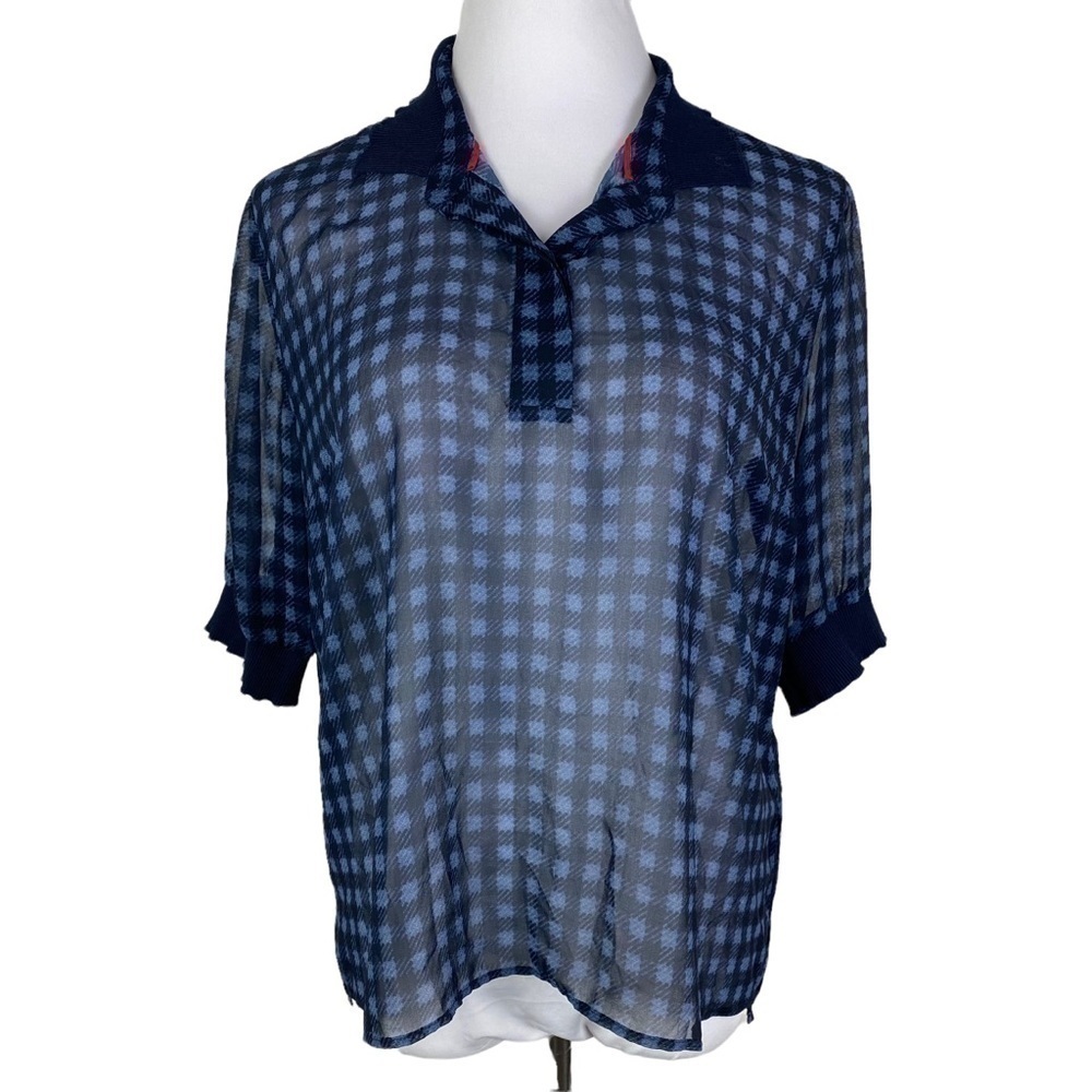 Tommy Hilfiger‎ Checkered Sheer High-Low Keyhole Back Blouse Women's 12 Blue
